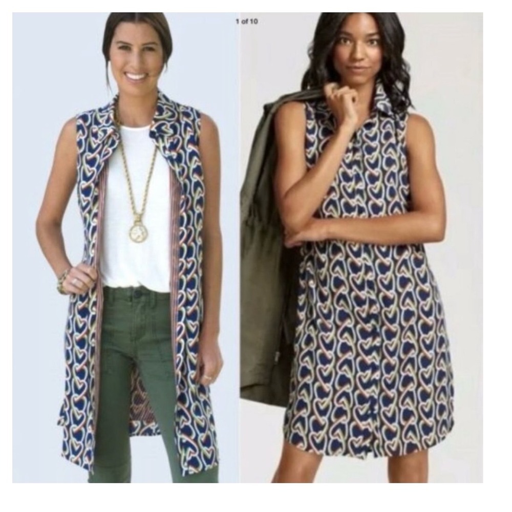 Cabi Sleeveless Button Front Shirt Dress Navy Orange Green Heart Print Large
